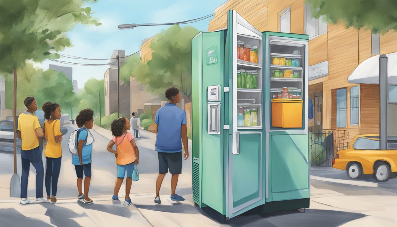 A community fridge stands in a bustling Houston neighborhood, easily accessible to all