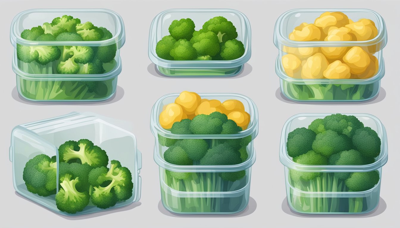 Fresh broccoli florets in a sealed container, labeled with the date, stored in the refrigerator