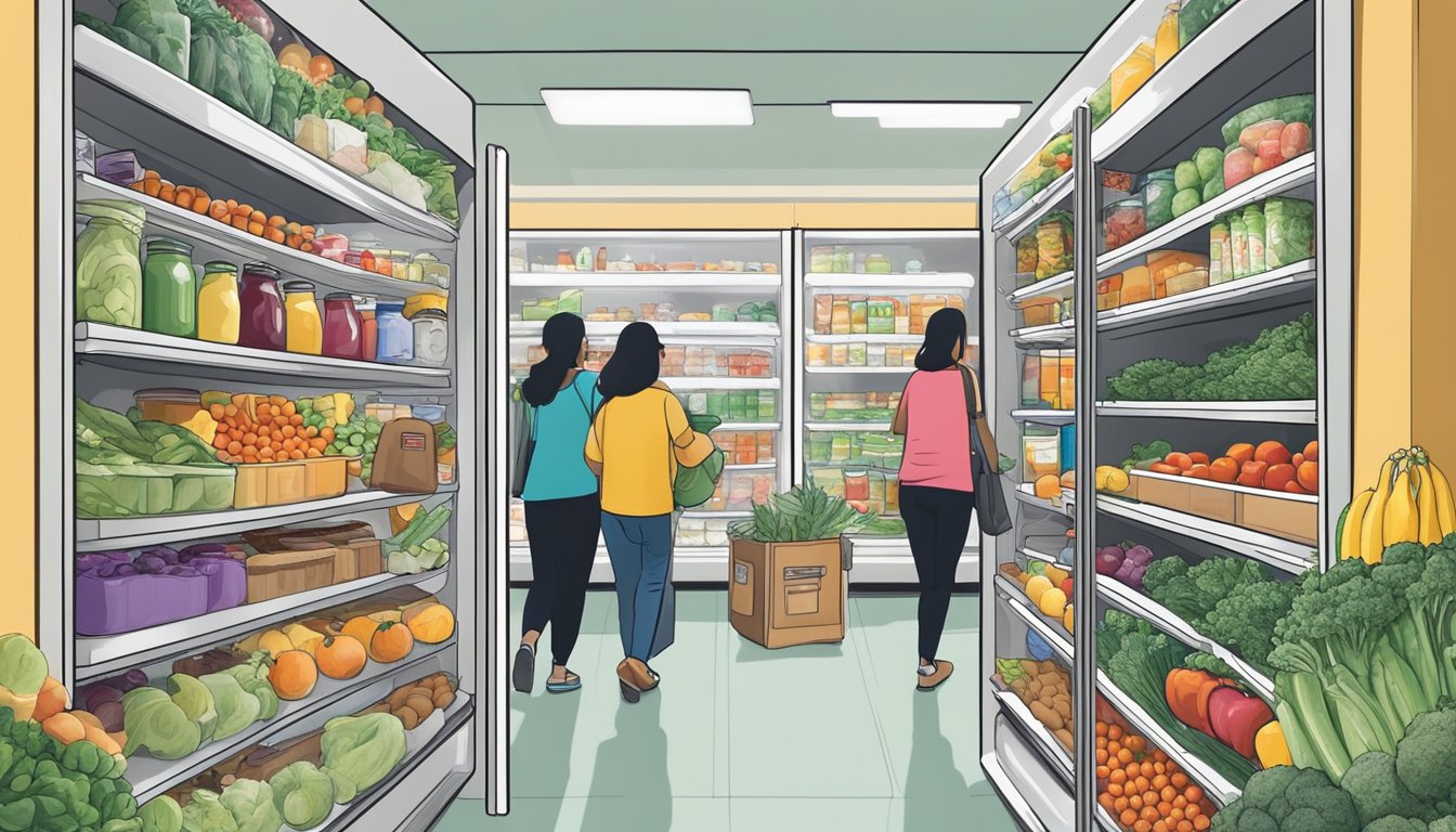 A bustling local community fridge in Sugar Land, TX, filled with fresh produce, canned goods, and other food items, with people coming and going to contribute and take what they need