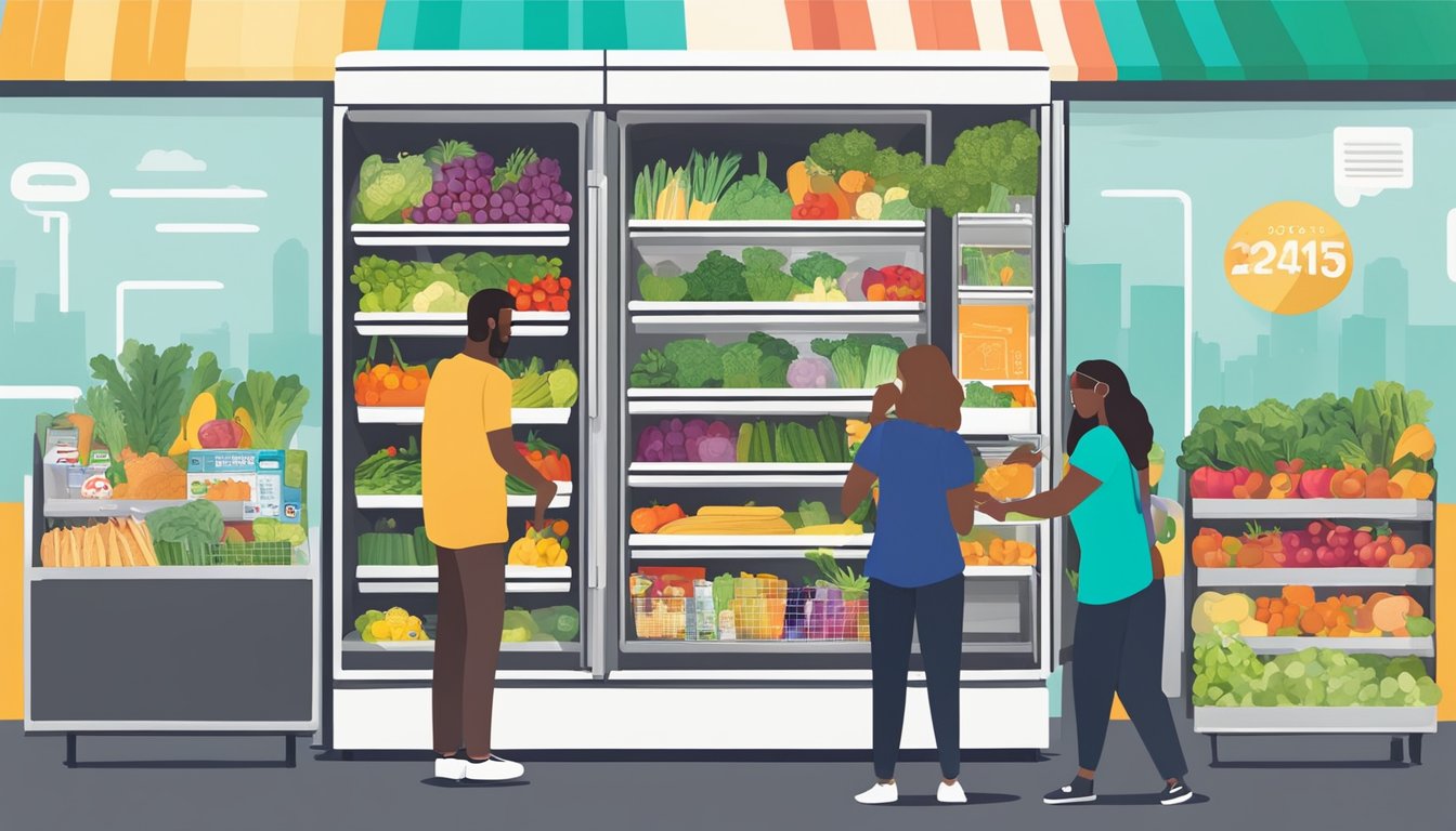 A vibrant local community fridge filled with fresh produce and food items, surrounded by people exchanging success stories and inspirational ideas in Tyler, TX