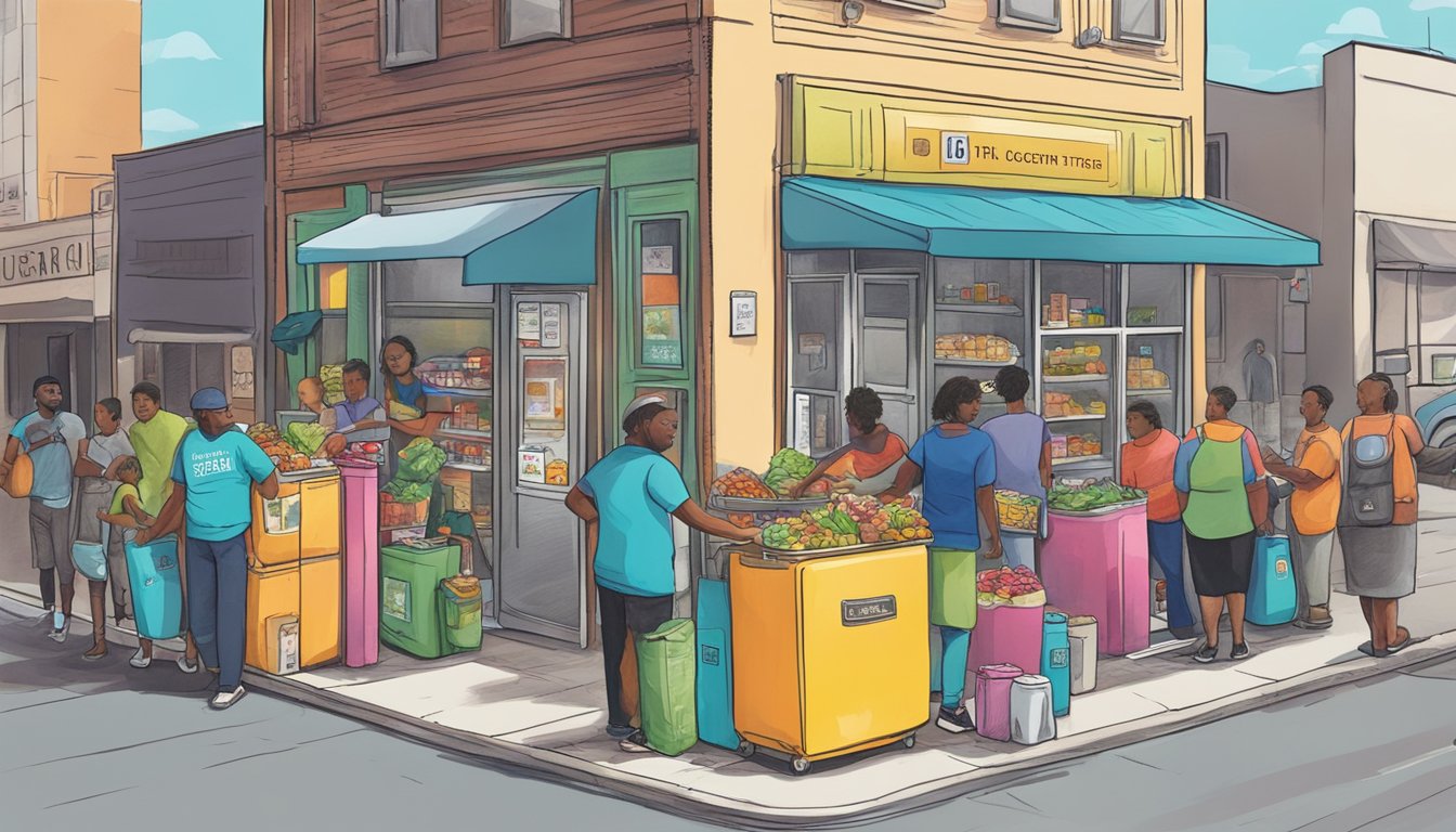 A bustling street corner in Houston, TX features a colorful community fridge surrounded by diverse locals donating and taking food items