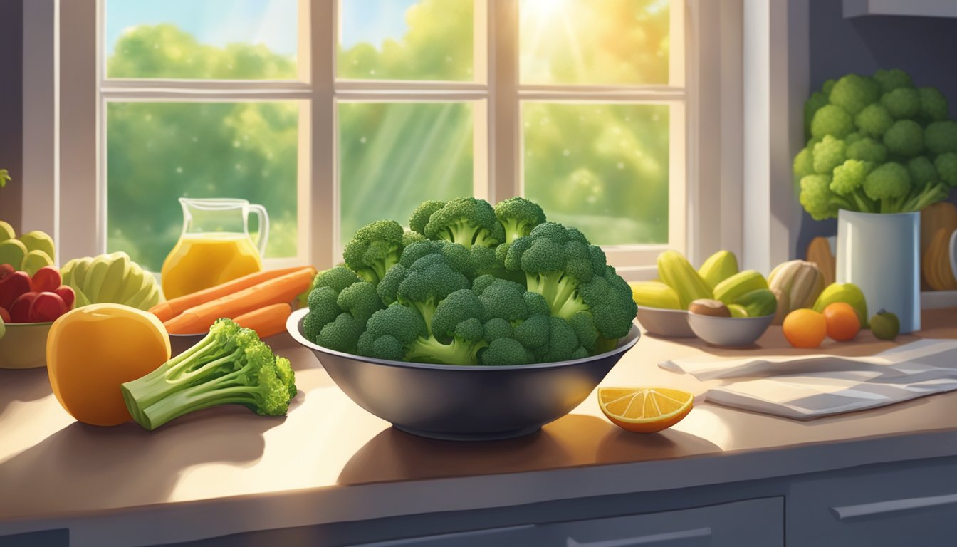 A bowl of fresh gluten-free broccoli florets sits on a kitchen counter, surrounded by colorful fruits and vegetables. Sunlight streams in through a nearby window, casting a warm glow on the scene