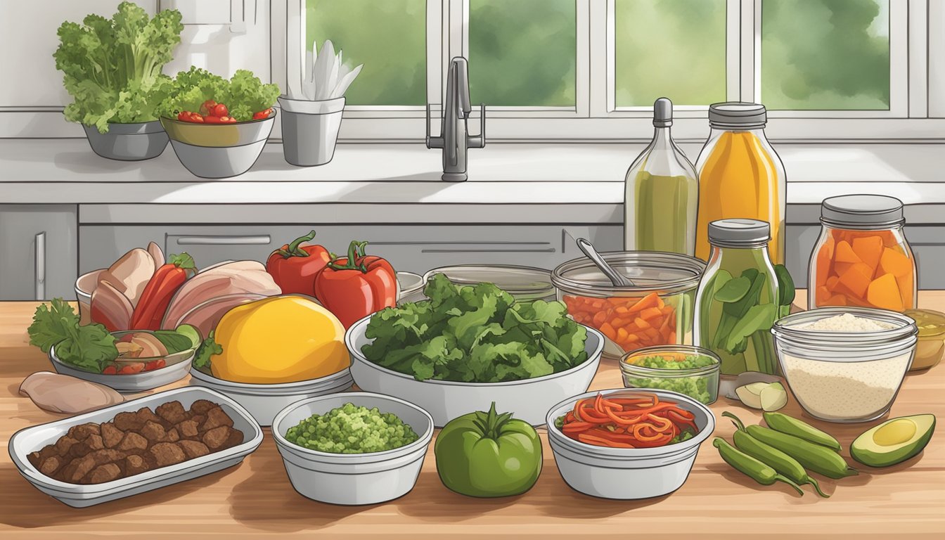 A kitchen counter with fresh ingredients for gluten-free beef fajitas, including raw meat, vegetables, and seasonings. Meal prep containers are nearby for storing leftovers