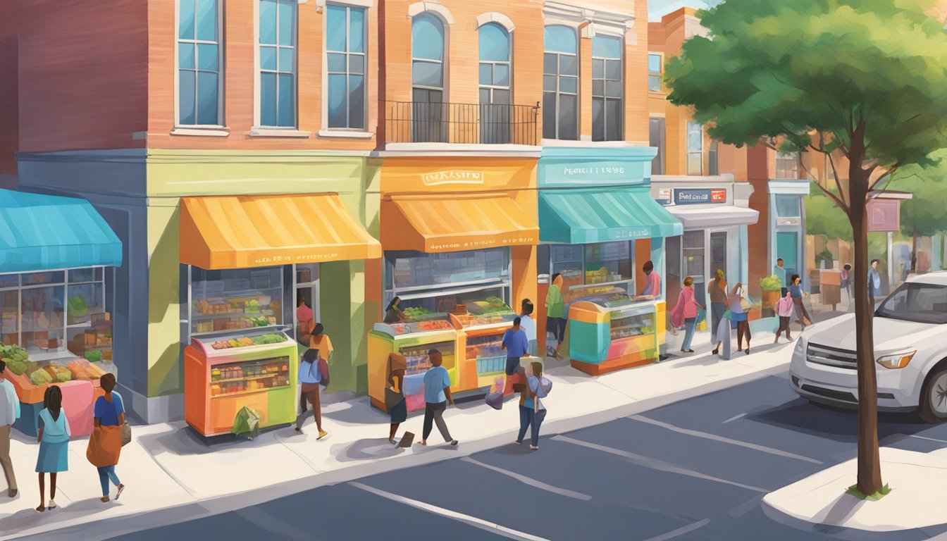 A bustling street corner with colorful community fridges, surrounded by diverse buildings and people in Sugar Land, TX