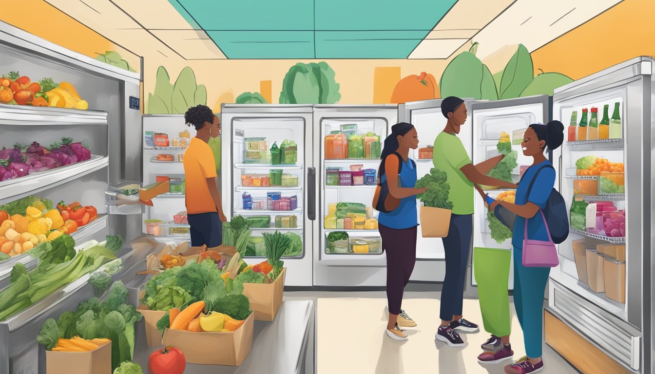 A vibrant local community fridge in Houston, TX, filled with fresh produce and food items, surrounded by diverse individuals making donations and taking what they need