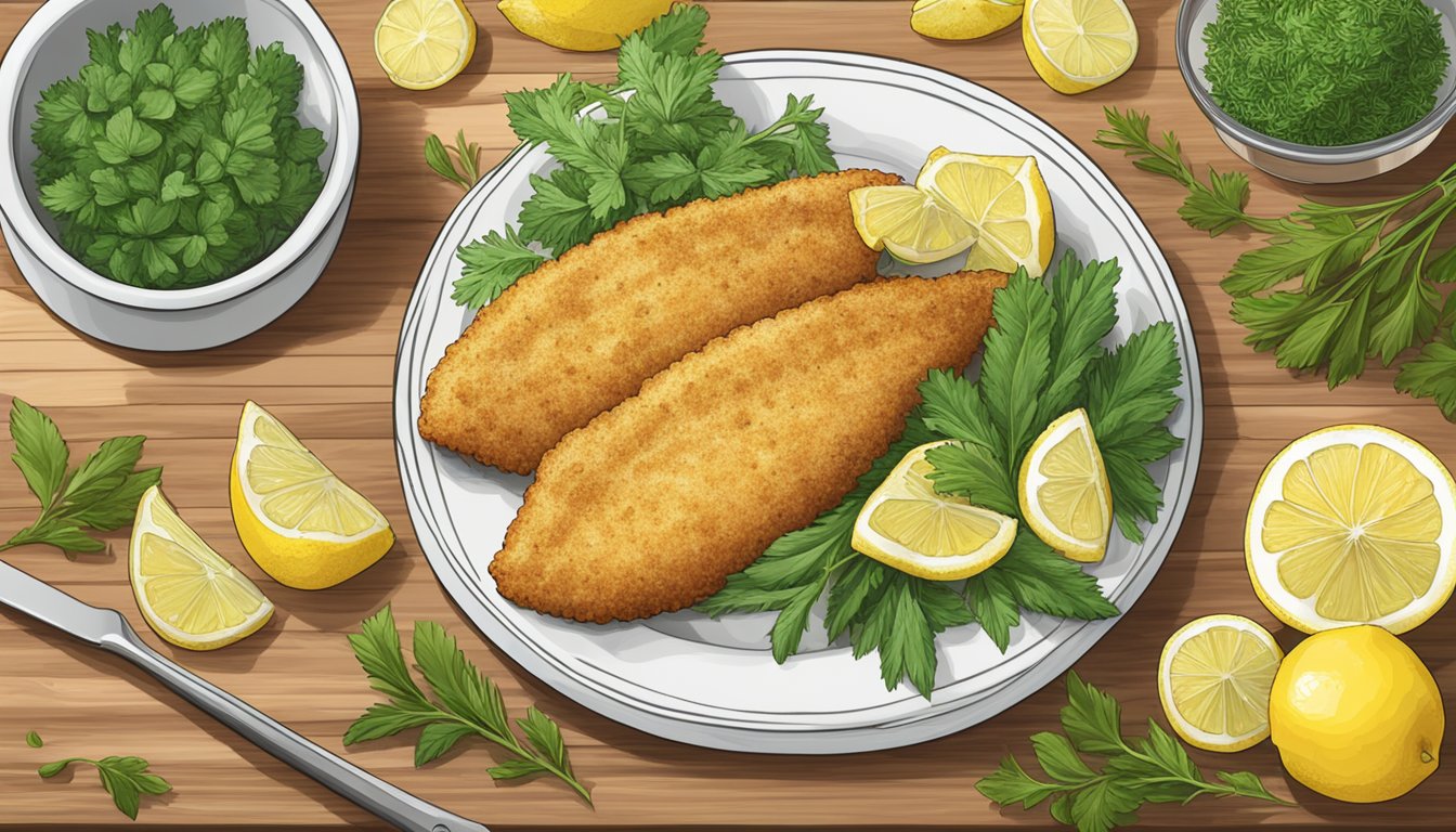 A plate of gluten-free breaded fish fillets sitting on a wooden cutting board, surrounded by fresh herbs and lemon wedges