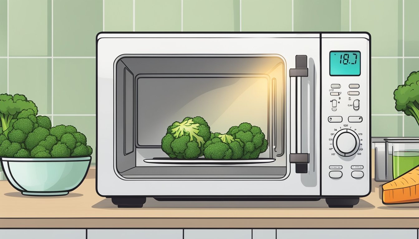 A microwave with a plate of gluten-free broccoli florets inside, a timer set for reheating, and a steam rising from the vegetables