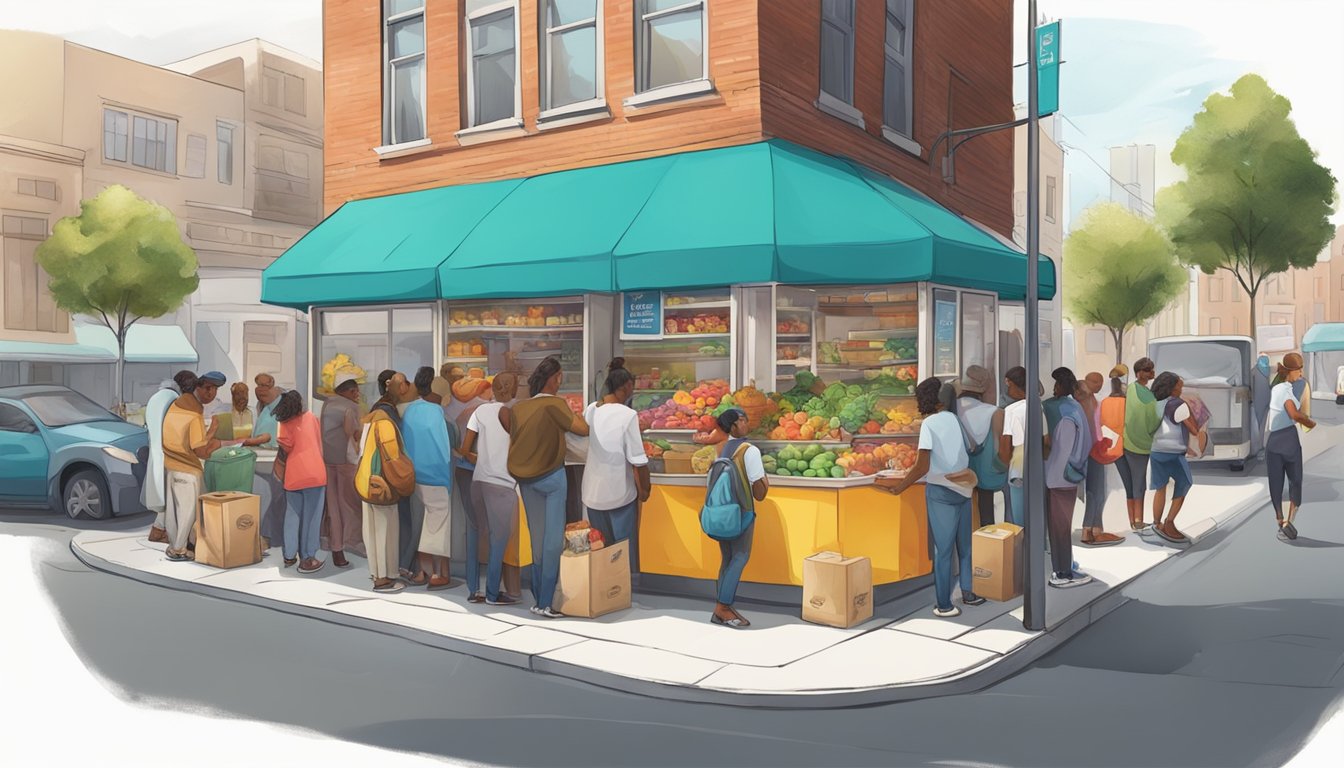 A bustling street corner with a colorful community fridge surrounded by diverse individuals donating and taking food items