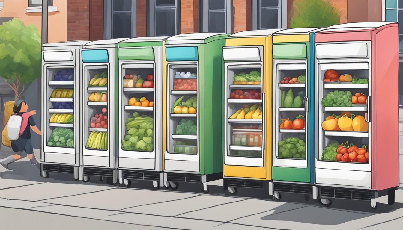 A row of colorful community fridges lined up on a sidewalk, filled with fresh produce and packaged goods, with people stopping by to donate or take items