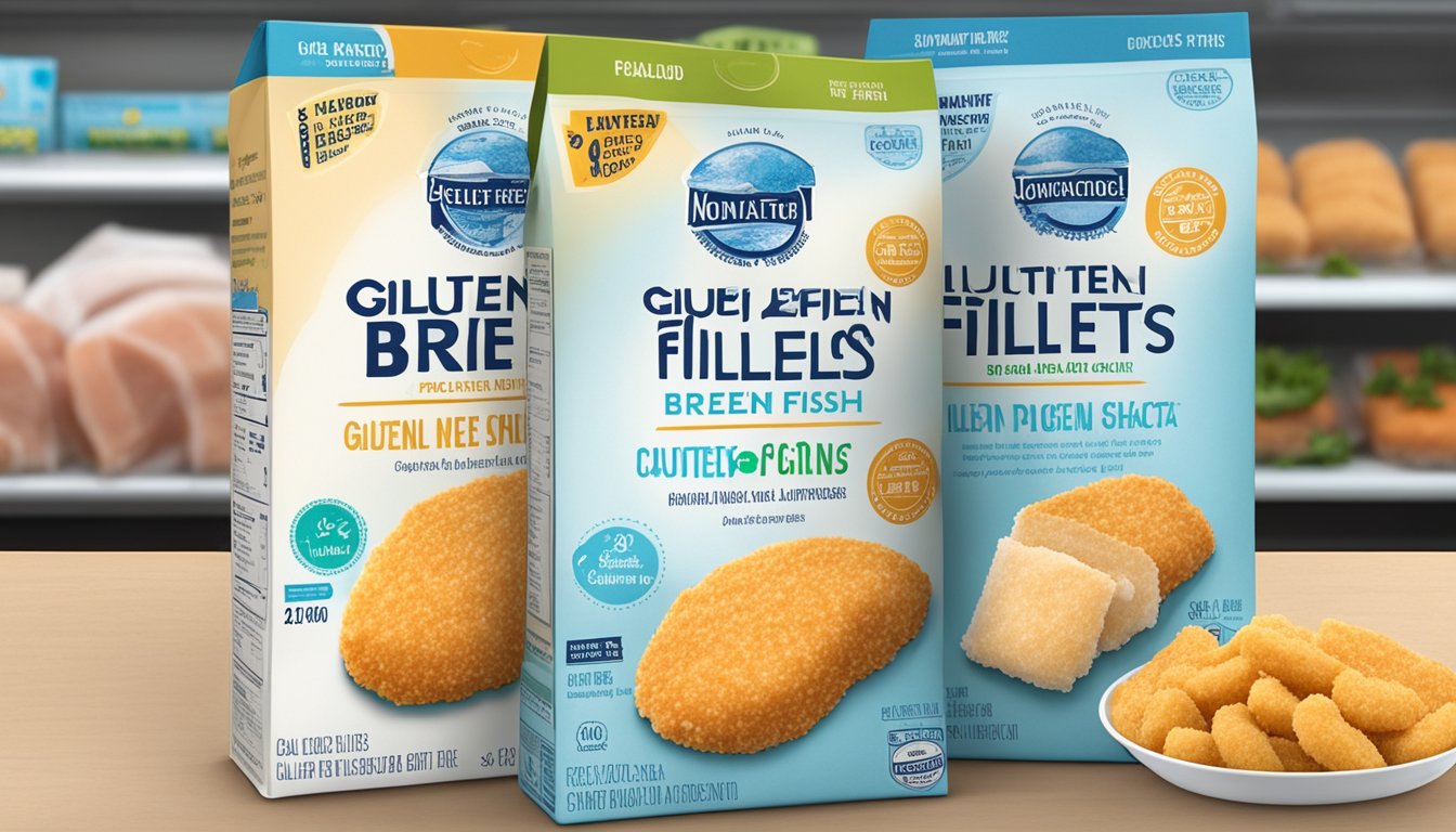 A package of gluten-free breaded fish fillets sits in a freezer next to other frozen foods. The expiration date is visible on the packaging