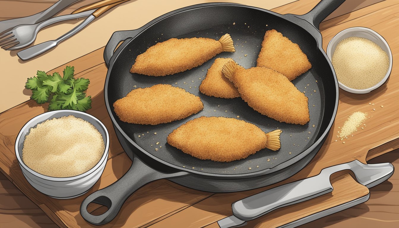 A gluten-free breaded fish fillet sits on a cutting board next to a bowl of seasoned flour and a plate of breadcrumbs. A skillet sizzles on the stove