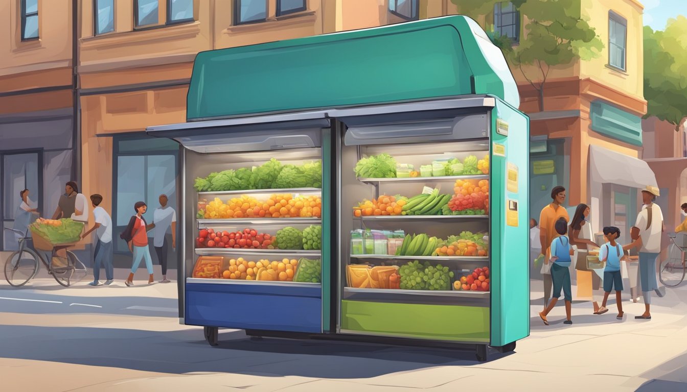 A colorful community fridge stands on a bustling street corner, filled with fresh produce and packaged goods. People come and go, exchanging items with smiles