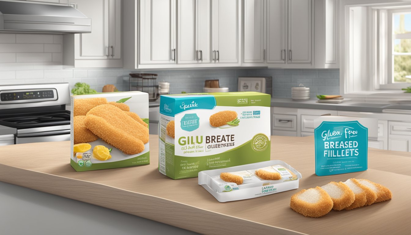 A kitchen counter with a package of gluten-free breaded fish fillets, a date label, and a refrigerator in the background