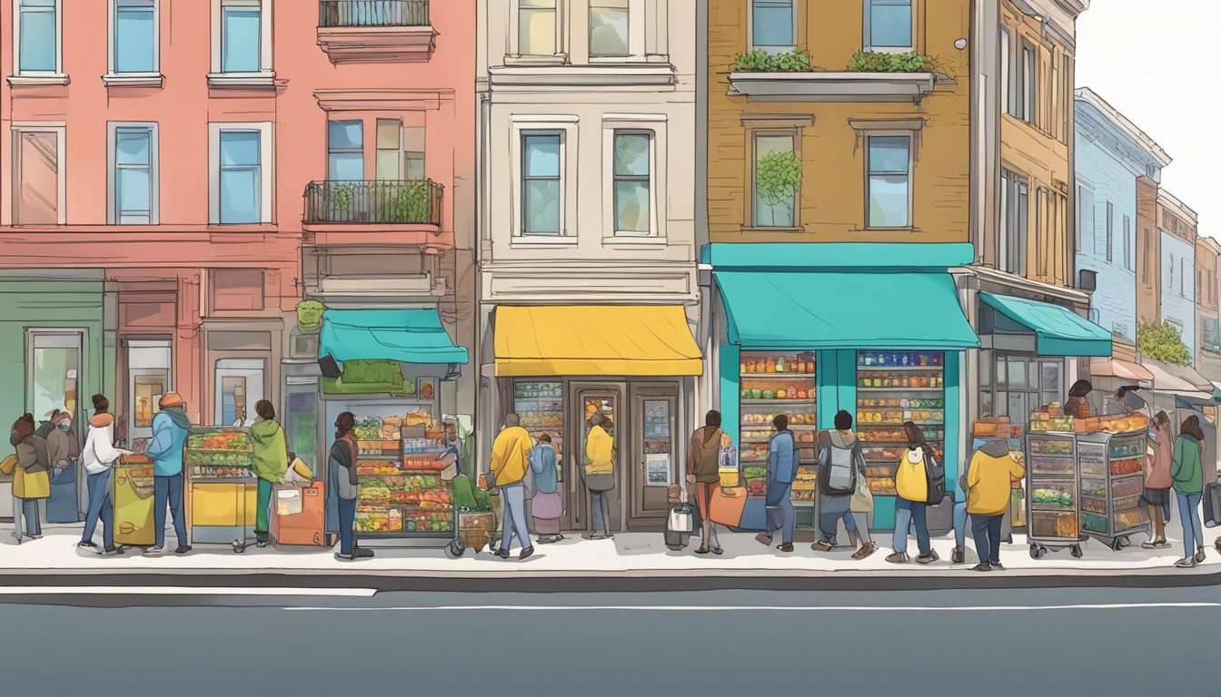 A brightly colored community fridge sits on a bustling street corner, surrounded by a diverse array of people dropping off and picking up food items