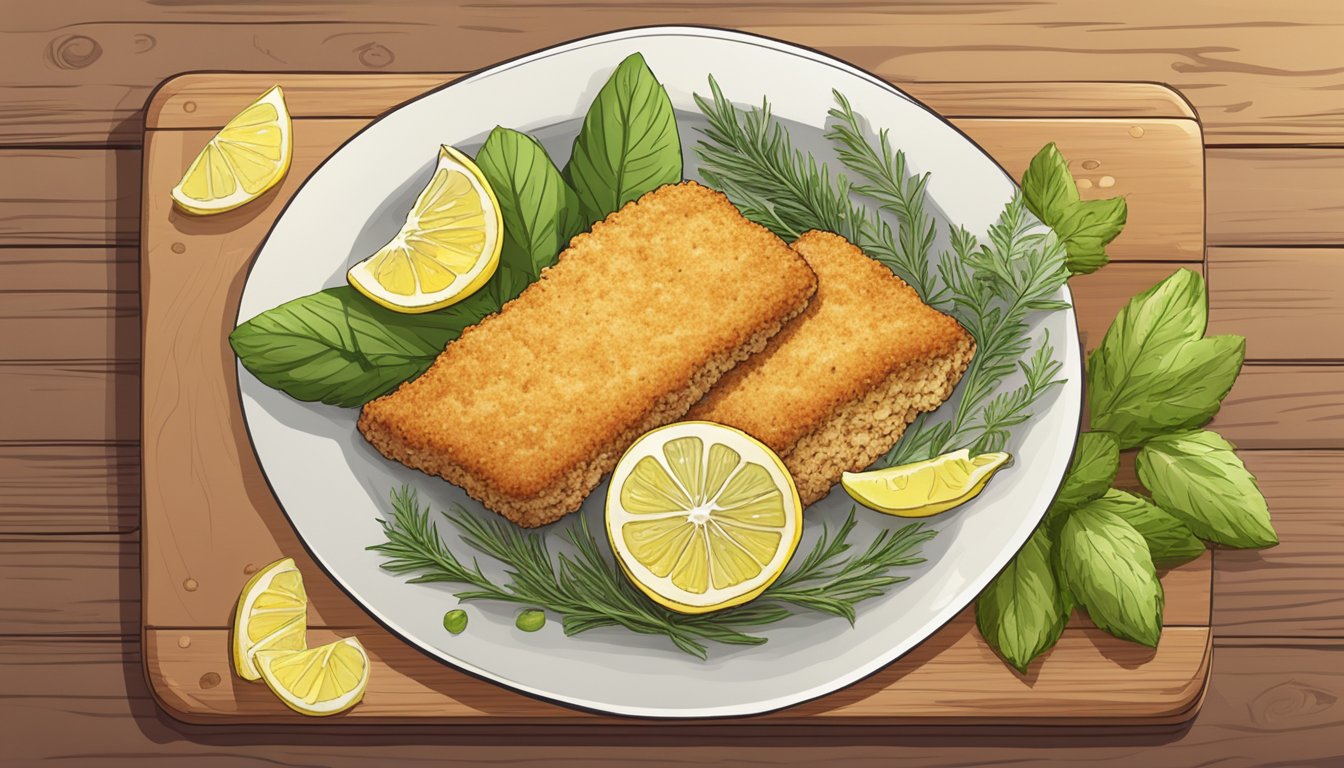 A plate of gluten-free breaded fish fillets sits on a wooden cutting board, surrounded by fresh herbs and a lemon wedge