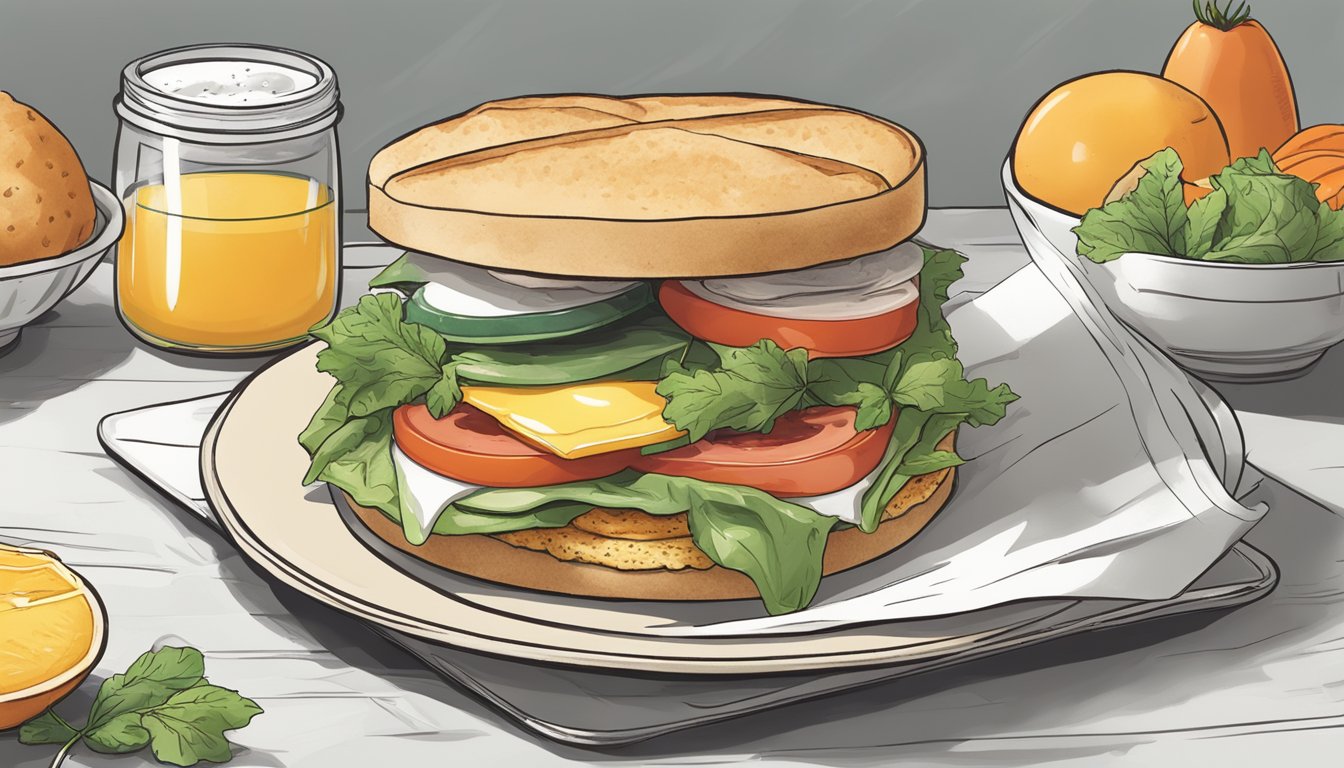 A gluten-free breakfast sandwich sits on a plate, surrounded by fresh ingredients. The sandwich is wrapped in parchment paper and ready to be enjoyed