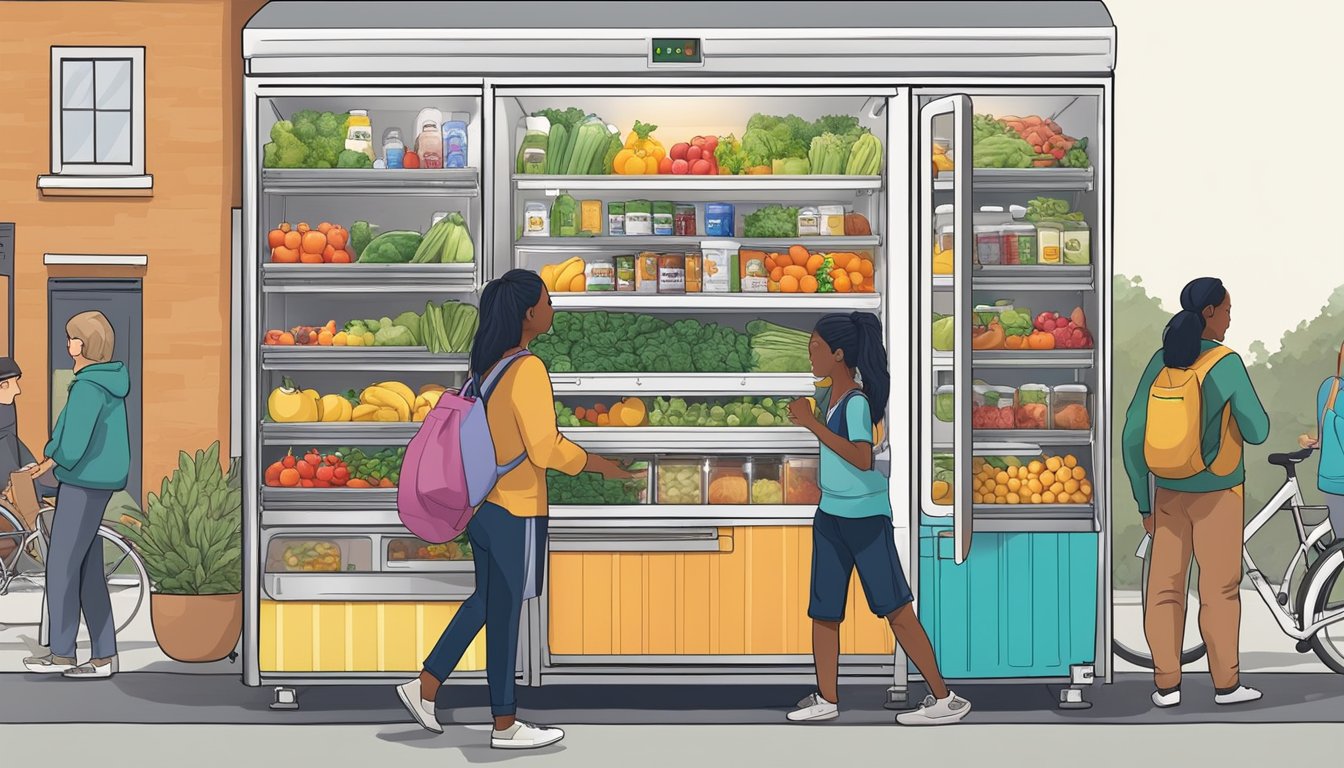 A colorful local community fridge in Provo, Utah, filled with fresh produce and food items, surrounded by people accessing and restocking it