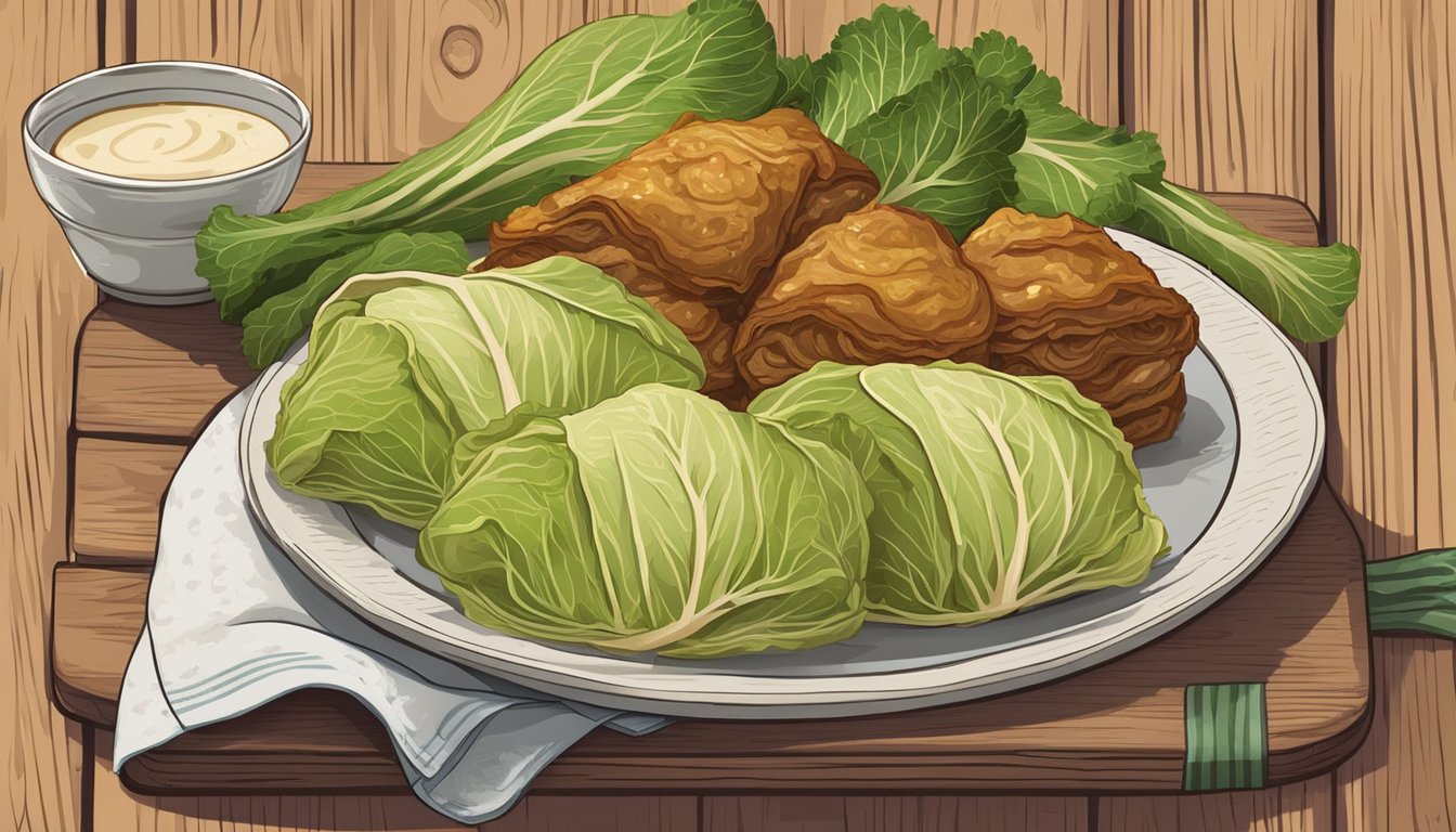 A plate of gluten-free cabbage rolls sits on a rustic wooden table, surrounded by fresh ingredients and a vintage cookbook