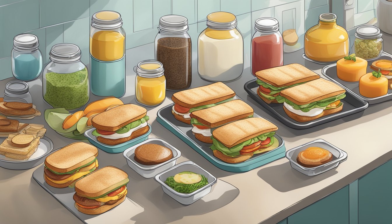 A kitchen counter with a variety of gluten-free breakfast sandwiches neatly arranged on a tray, surrounded by fresh ingredients and storage containers