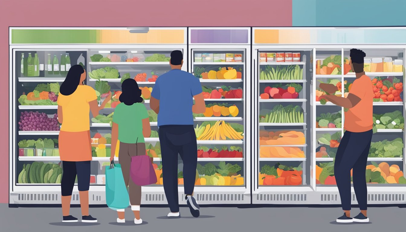 A colorful community fridge in Laredo, TX filled with fresh produce, canned goods, and other food items. People are seen adding and taking items