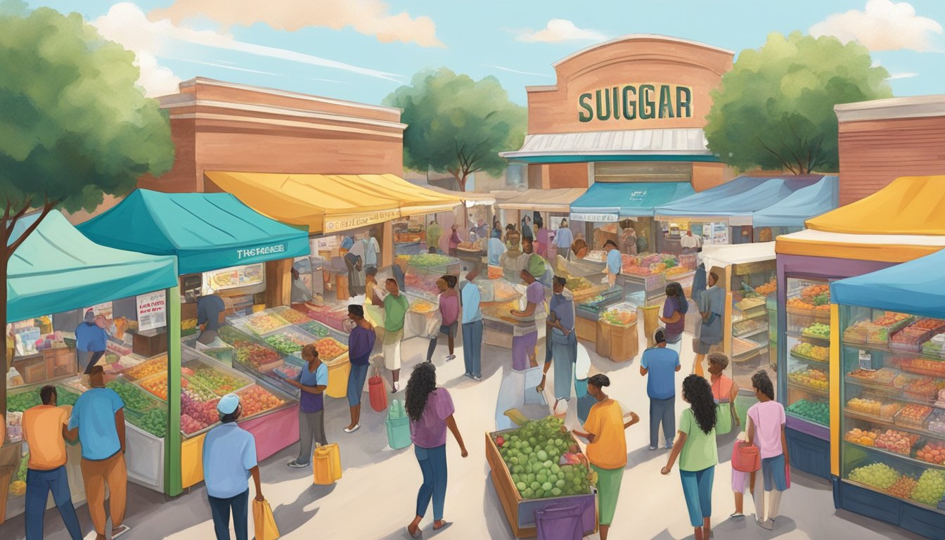 A bustling local market with a colorful community fridge at its center, surrounded by eager residents promoting and raising awareness in Sugar Land, TX