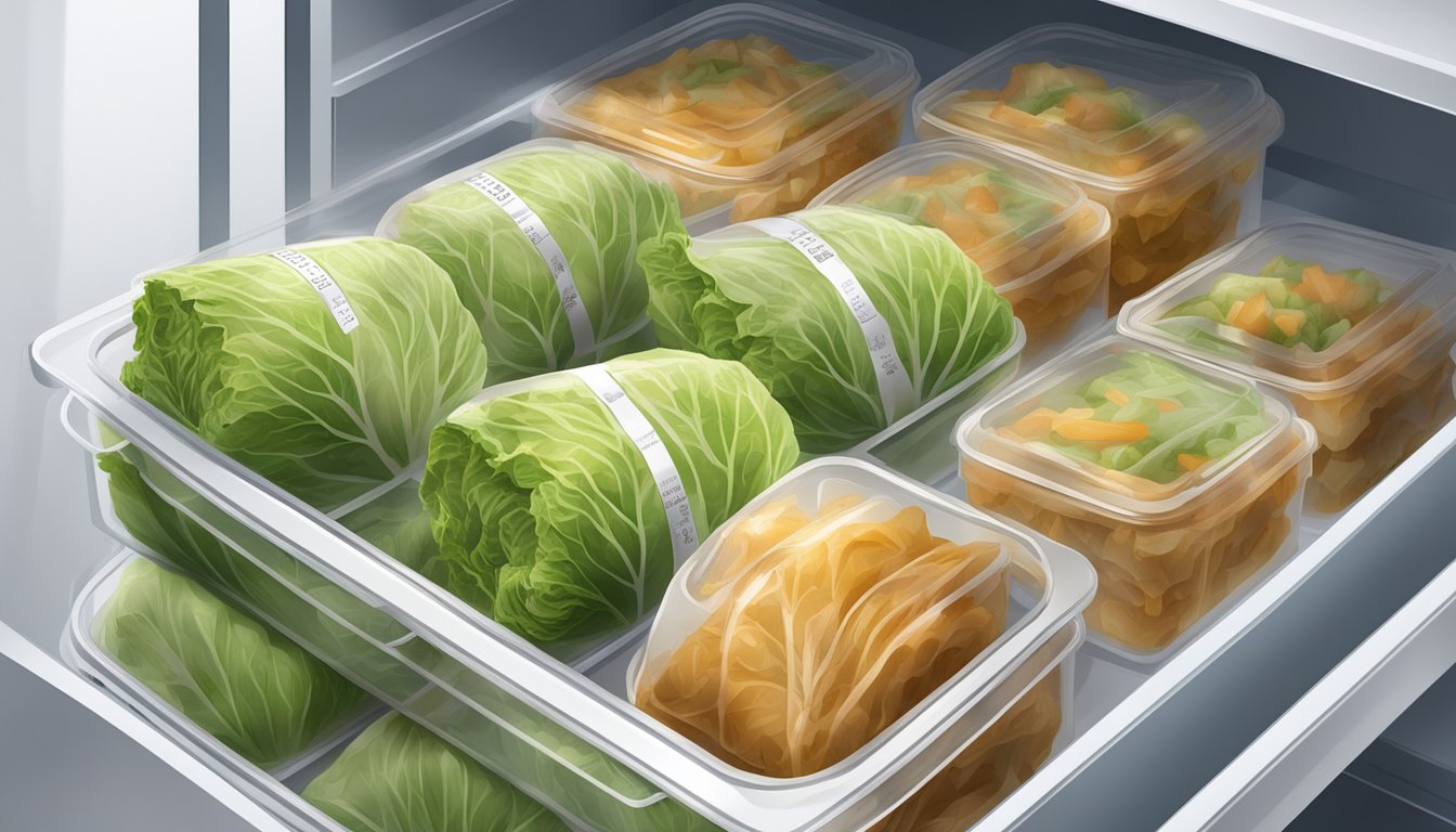 Airtight container with gluten-free cabbage rolls, labeled with date, stored in refrigerator