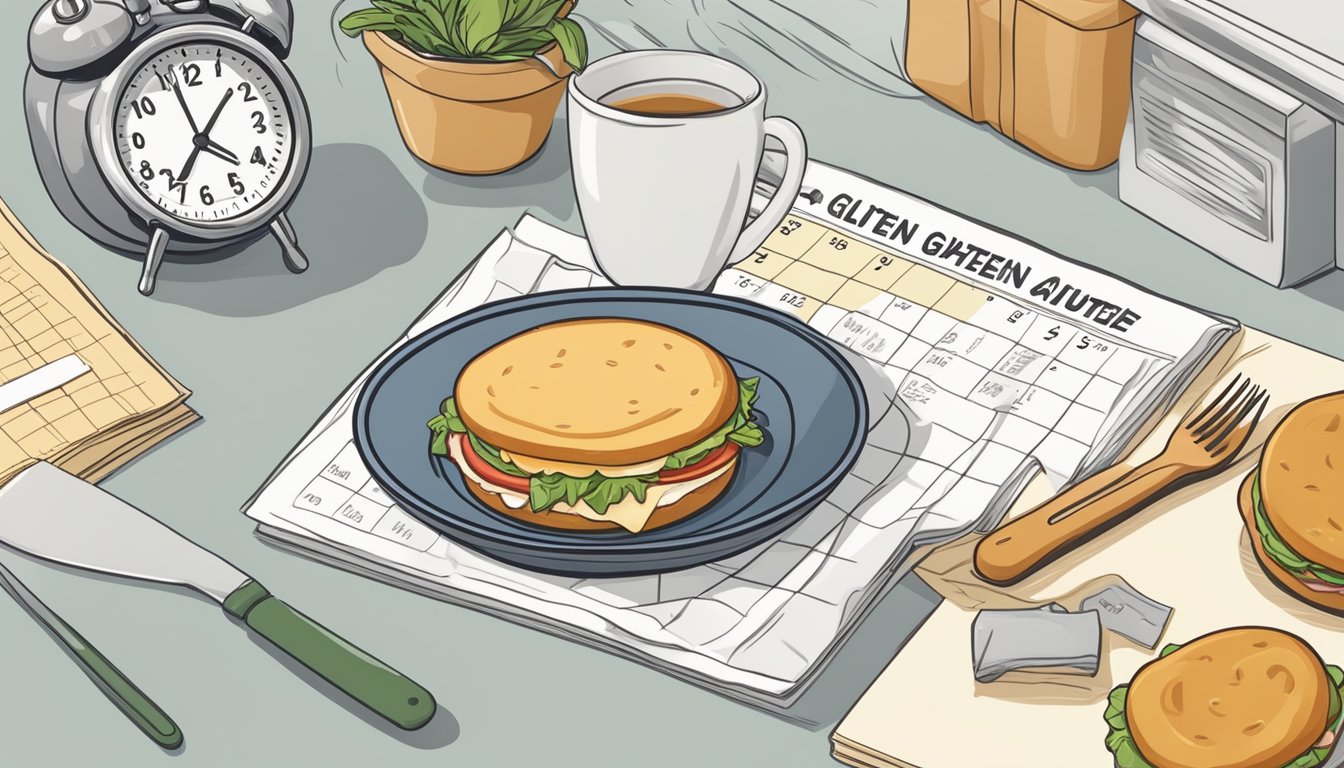 A kitchen counter with a plate holding a gluten-free breakfast sandwich next to a calendar showing the current date and the expiration date