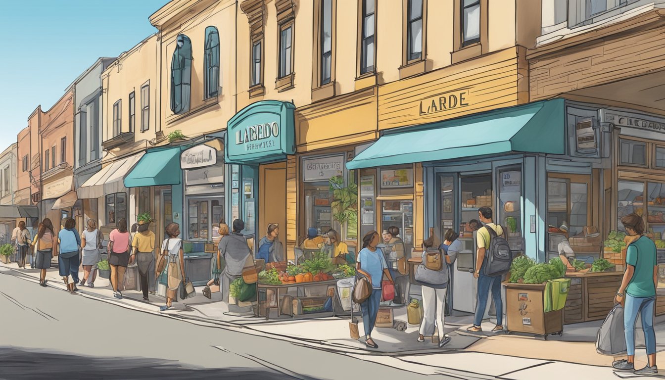 A bustling street in Laredo, TX with a community fridge prominently displayed, easily accessible to passersby