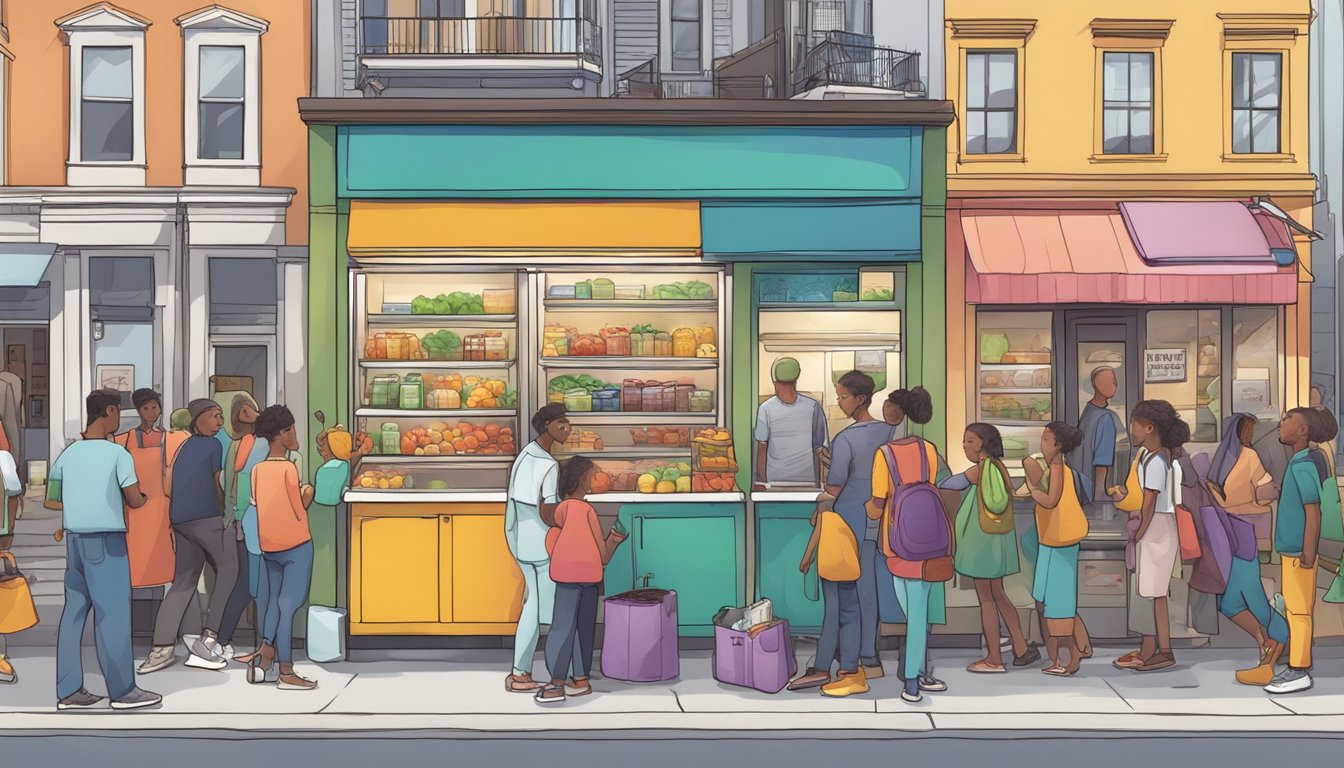 A bustling street corner with a colorful community fridge surrounded by people donating and taking food, with a diverse group of buildings in the background