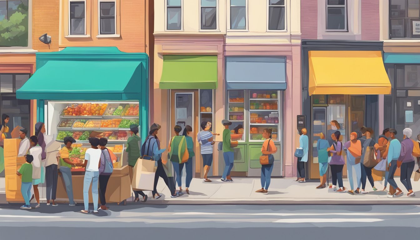 A bustling street corner with a colorful community fridge surrounded by people donating and taking food