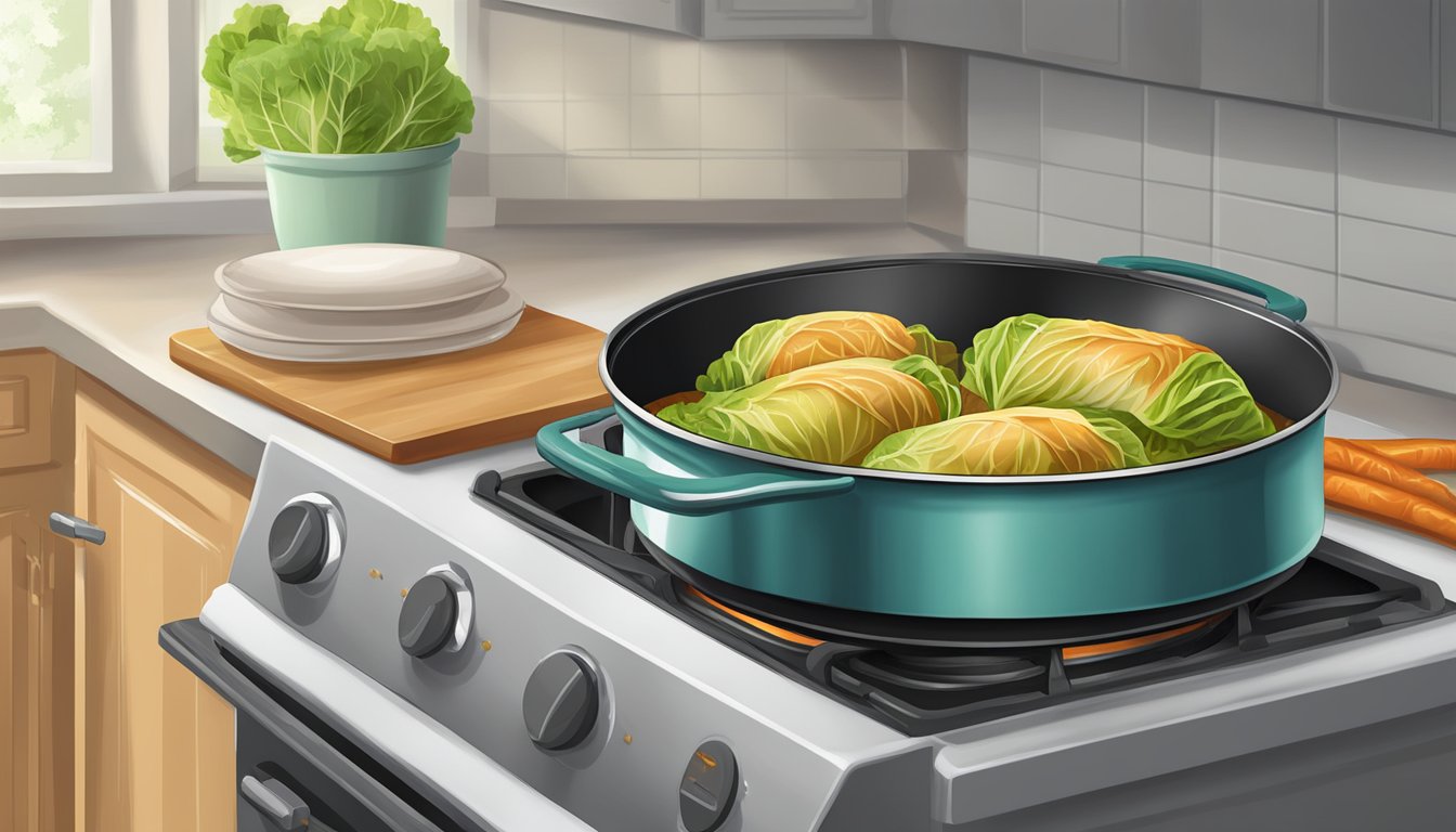 A pot of gluten-free cabbage rolls being reheated on a stove