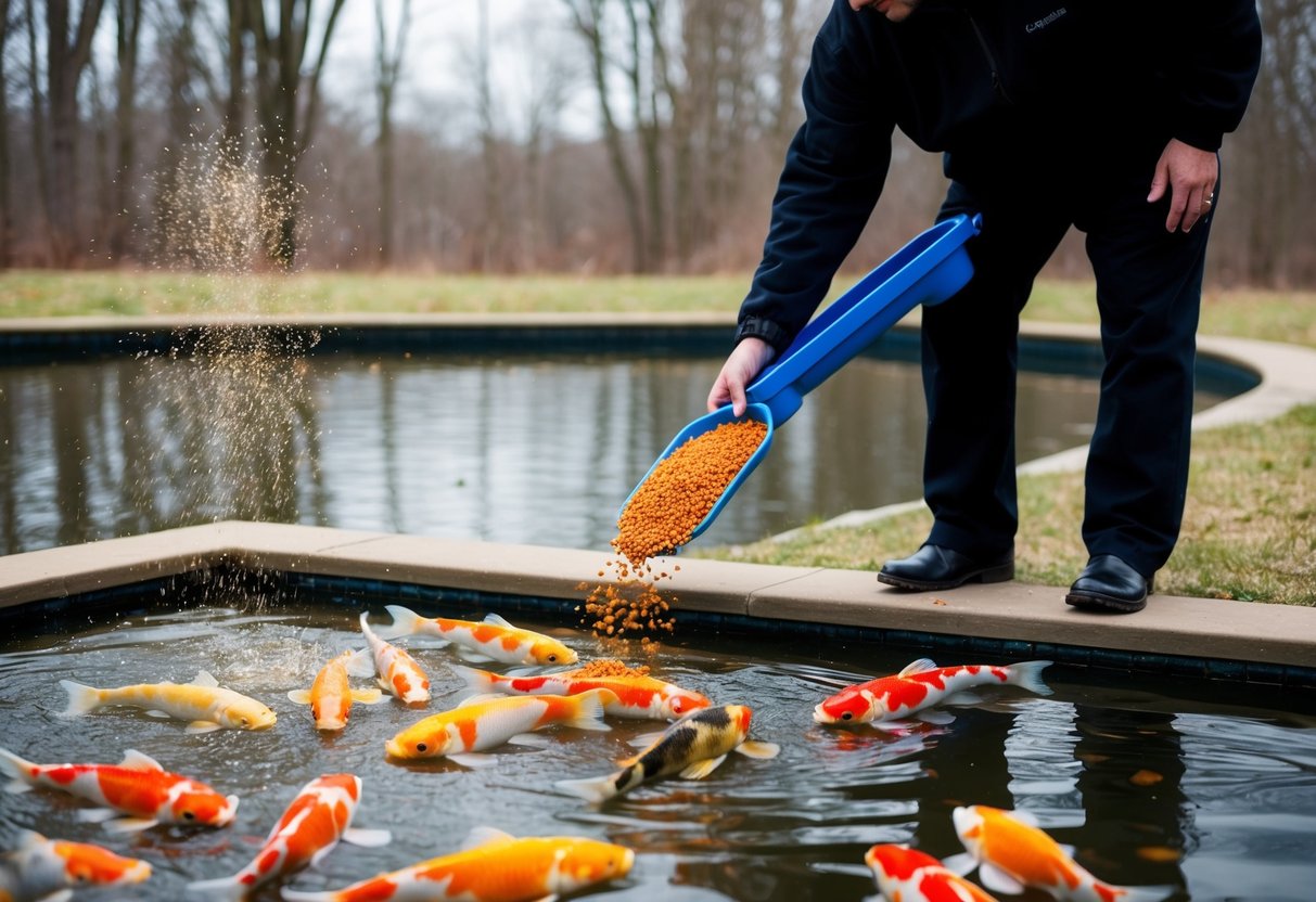 A person sprinkles fish food into a pond as colorful koi swim up to the surface to eat. The trees in the background are bare, indicating the arrival of winter