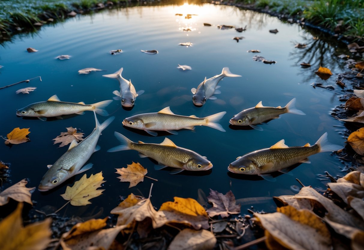 A group of fish swimming lazily in a pond, surrounded by fallen leaves and a hint of frost on the water's surface, as the sun sets earlier in the day