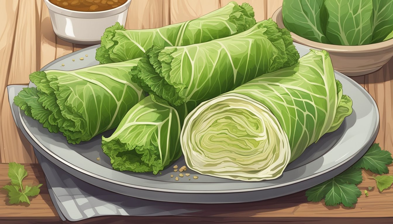 A plate of gluten-free cabbage rolls sits on a rustic wooden table, surrounded by fresh cabbage leaves and a sprinkle of herbs