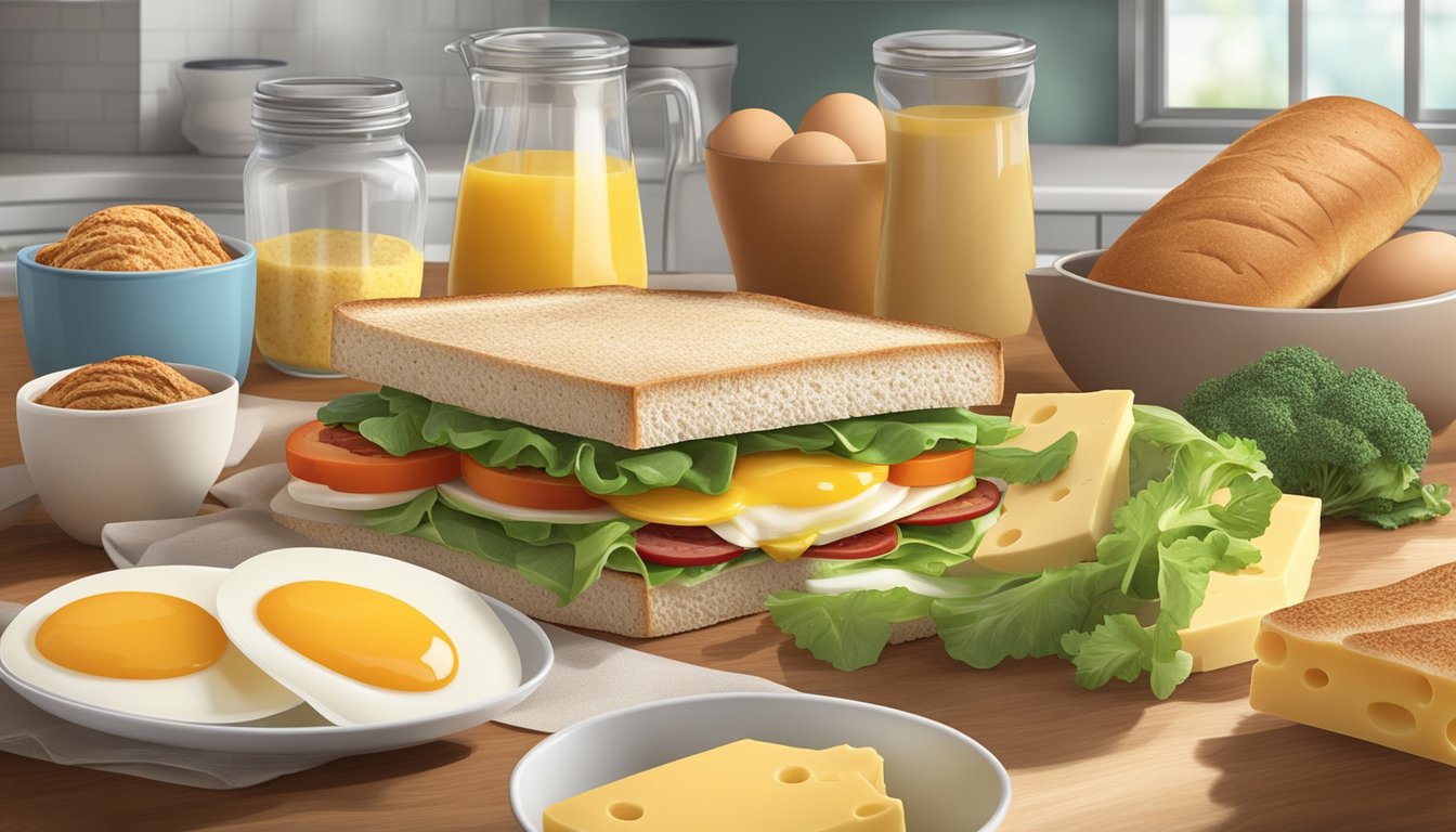 A kitchen counter with a variety of gluten-free breakfast sandwich ingredients, including eggs, cheese, vegetables, and gluten-free bread