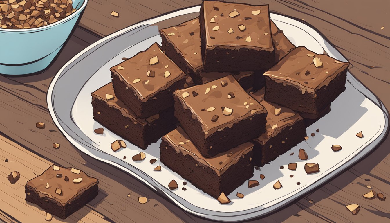 A batch of gluten-free brownies sits on a rustic wooden table, surrounded by scattered crumbs and a few remaining crumbs on a plate