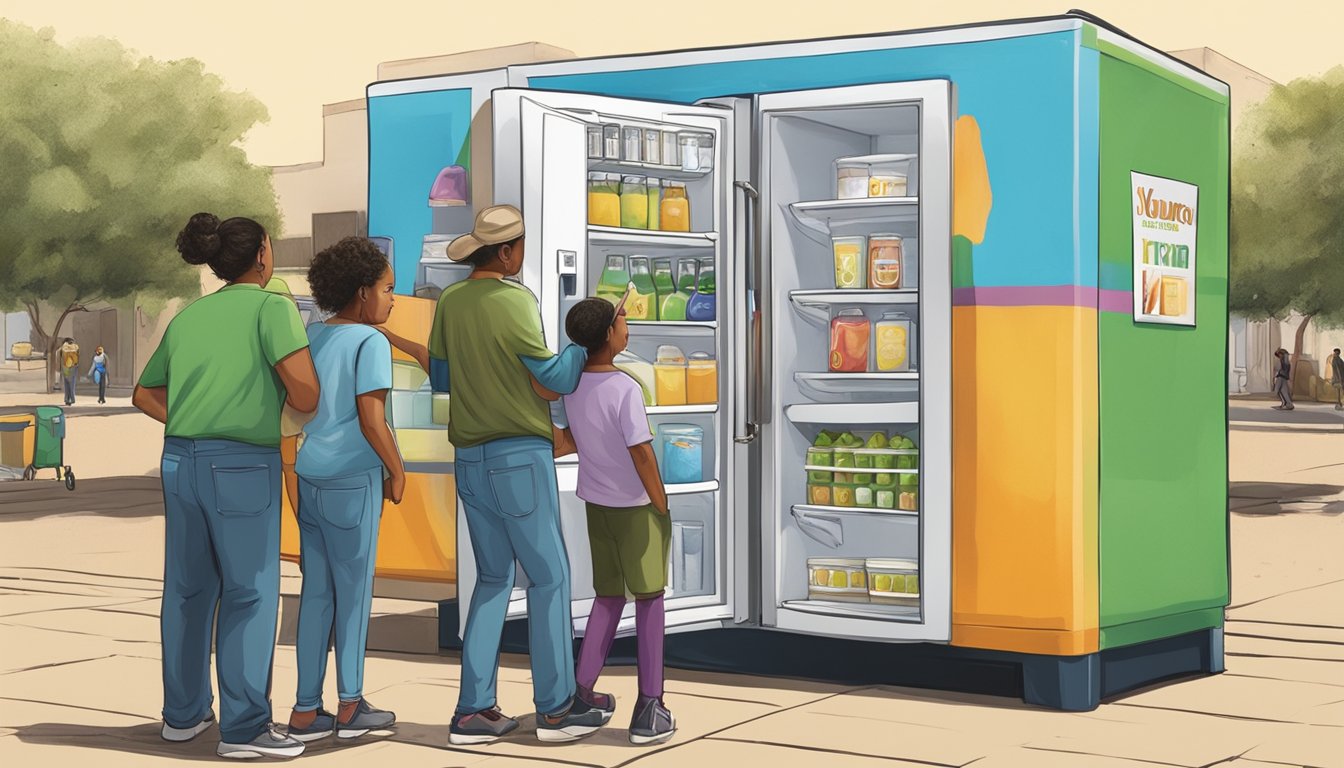 A colorful local community fridge surrounded by volunteers in Laredo, TX