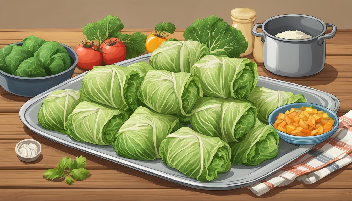 A plate of gluten-free cabbage rolls sits on a rustic wooden table, surrounded by fresh ingredients and cooking utensils