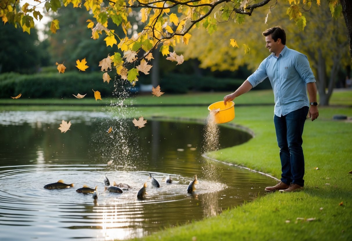 A pond with fish swimming lazily as leaves fall from trees above. A person sprinkles fish food into the water, then walks away as the fish gather to eat