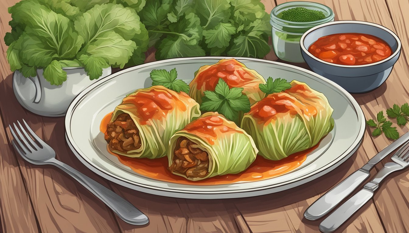 A plate of gluten-free cabbage rolls sits on a rustic wooden table, surrounded by fresh herbs and a jar of homemade tomato sauce