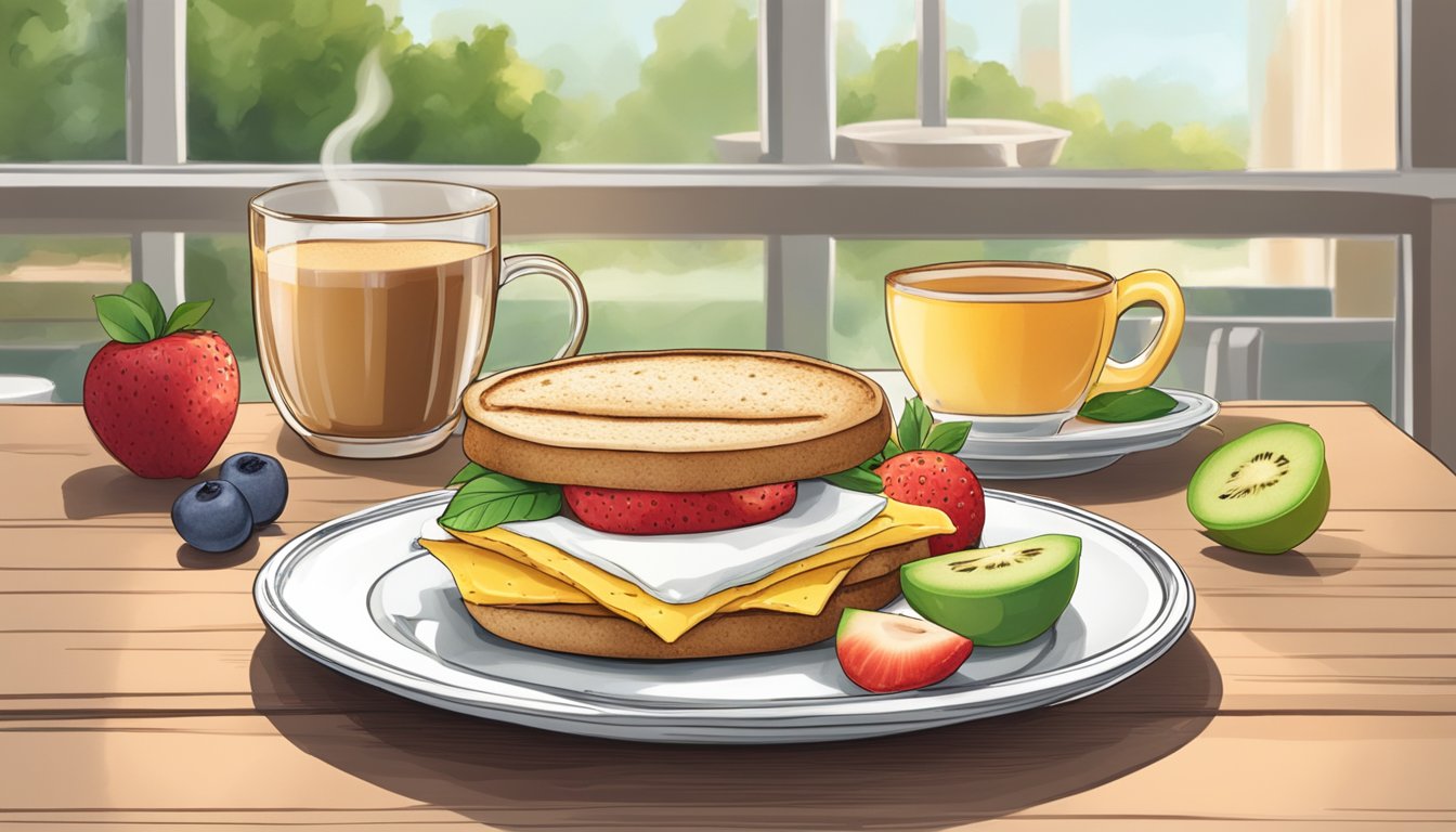 A gluten-free breakfast sandwich sits on a plate, surrounded by fresh fruit and a steaming cup of coffee