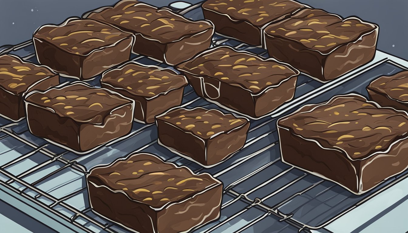 A batch of gluten-free brownies sits on a cooling rack, steam rising as they cool down from the oven