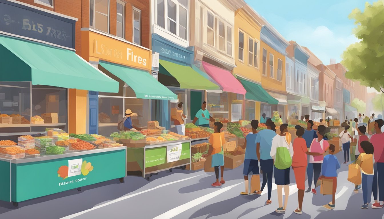 A bustling street with a colorful community fridge surrounded by people donating and receiving food. A sign advertises local events and fundraising efforts