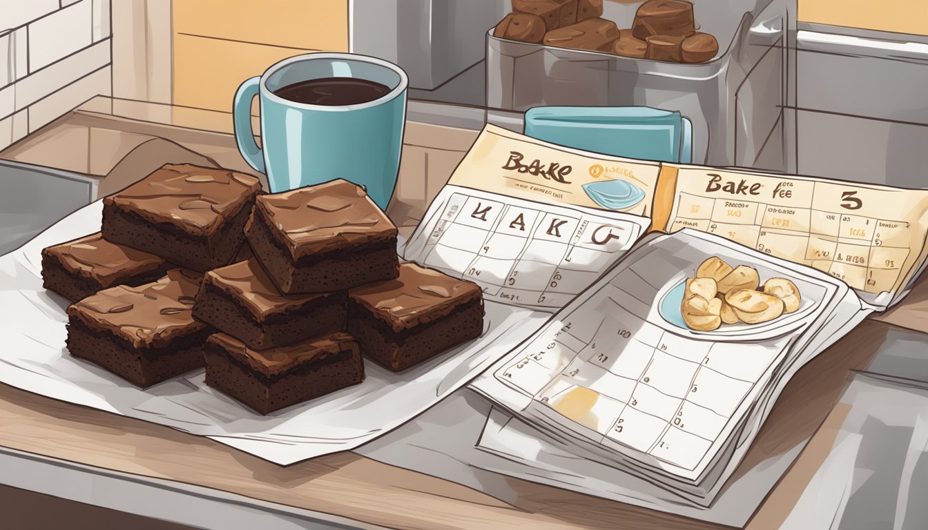 A batch of gluten-free brownies sits on a kitchen counter, wrapped in plastic and labeled with a "bake date." A calendar hangs on the wall, with dates crossed off