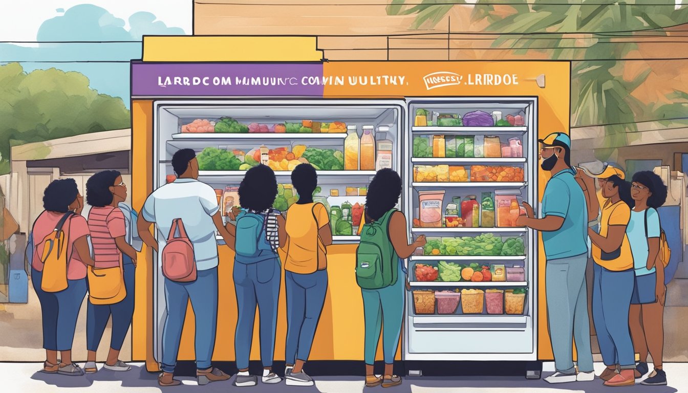 A colorful community fridge surrounded by diverse individuals in Laredo, TX, with a bustling and inclusive atmosphere