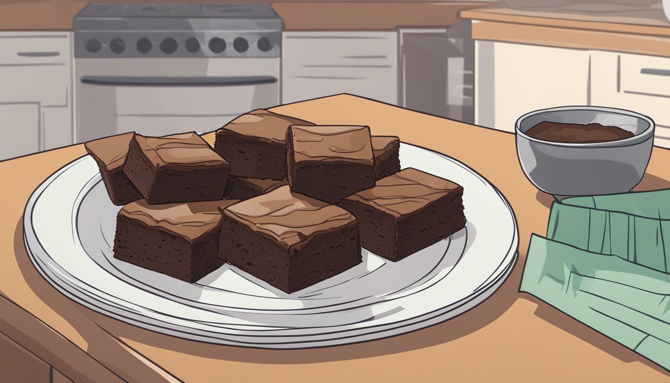 A plate of gluten-free brownies sits on a kitchen counter, wrapped in plastic wrap to keep them fresh. A calendar on the wall shows the current date