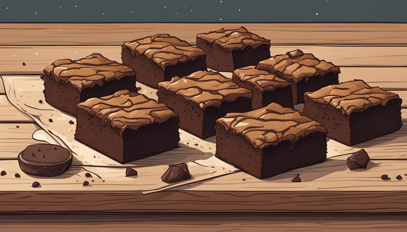 A batch of gluten-free brownies sits on a rustic wooden table, with a few crumbs scattered around. The brownies are perfectly baked, with a shiny, crackly crust and a moist, fudgy interior