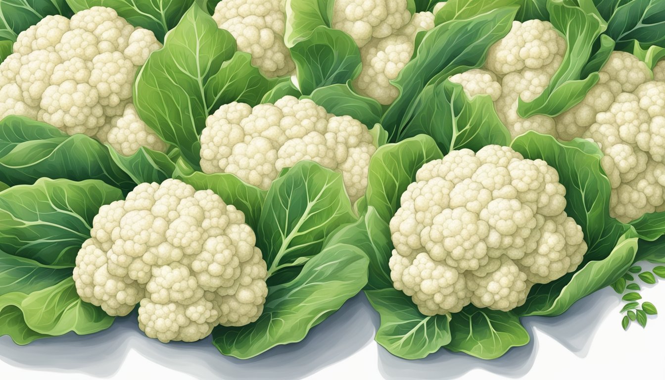 A pile of gluten-free cauliflower florets sits on a clean, white cutting board, surrounded by vibrant green leaves. The florets are firm and crisp, with no signs of wilting or discoloration