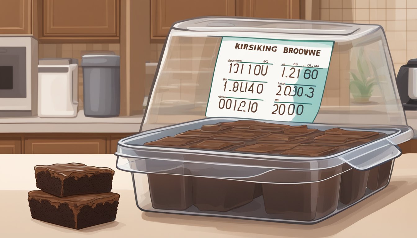 A batch of gluten-free brownies stored in an airtight container on a kitchen counter, with a calendar showing the date of baking and a visible countdown of days passing