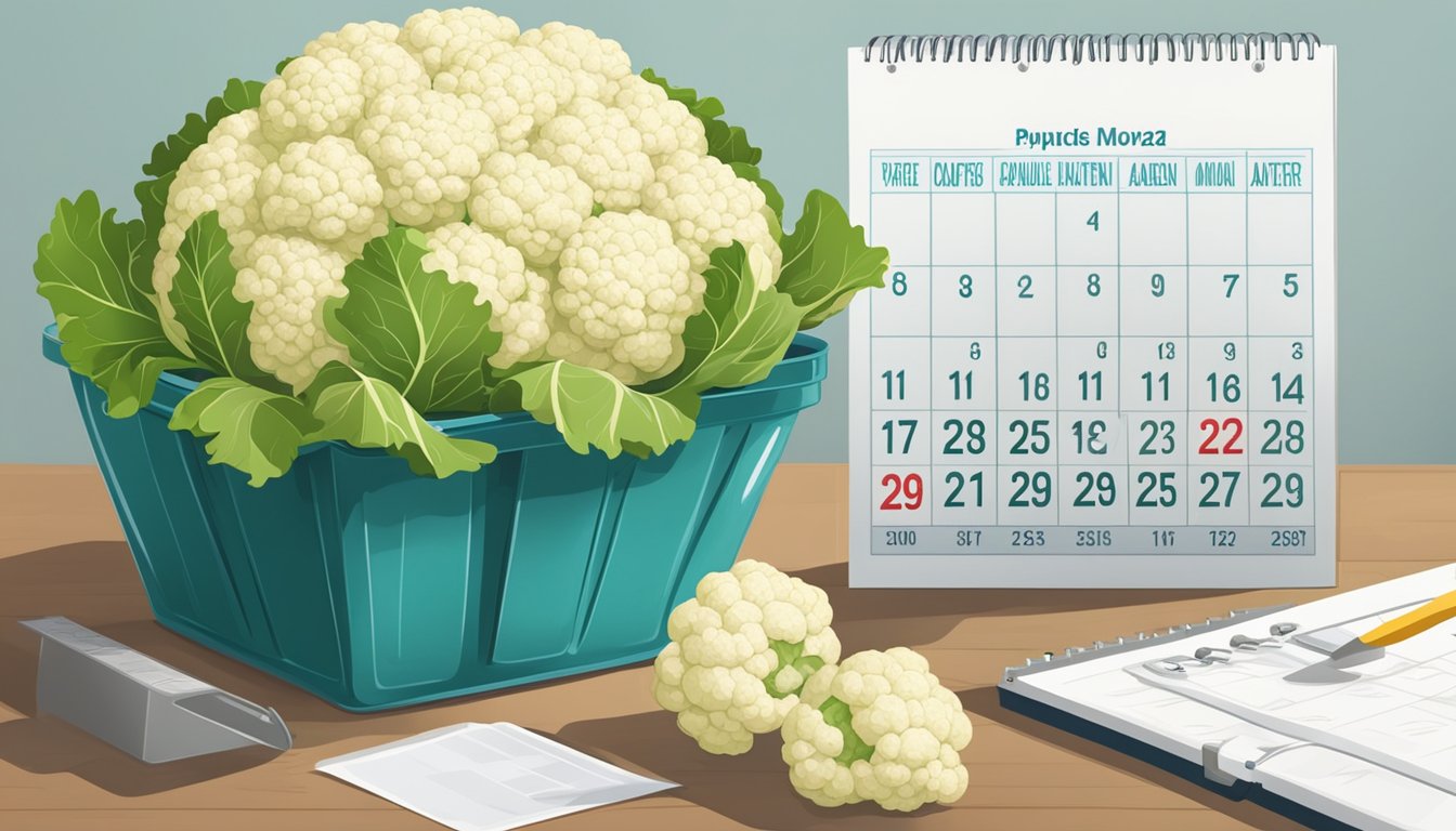 Airtight container holds fresh cauliflower florets, next to a calendar showing the date of purchase